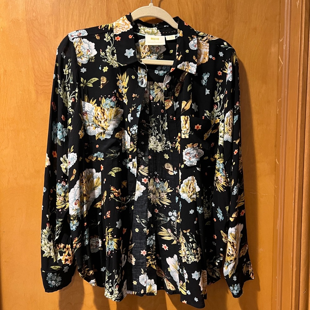 Anthropologie Maeve Black Whimsygoth Floral Button- Up Shirt